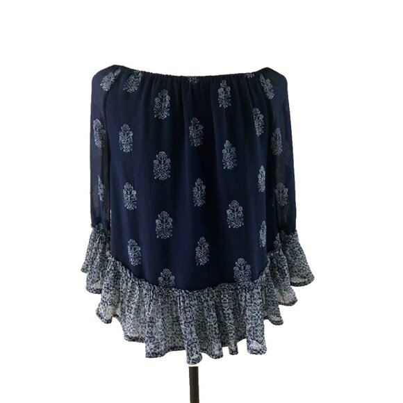 LUCKY BRAND Live in Love Boho Off The Shoulder Blouse Top Size Small Navy Blue - Picture 4 of 6